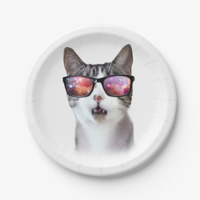 Hipster Glasses Space Galaxy Cat Paper Plates (Front)