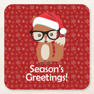 Hipster Holiday Fox Glasses Cute Animal Christmas Square Paper Coaster