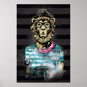 Hipster Lion on Stripe Poster