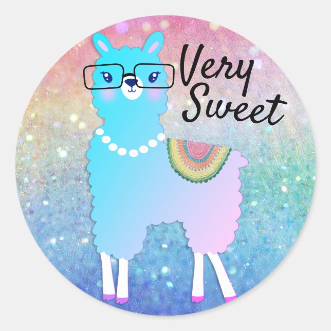 Hipster Llama Rainbow Glitter Ombre Classic Round Sticker (Front)