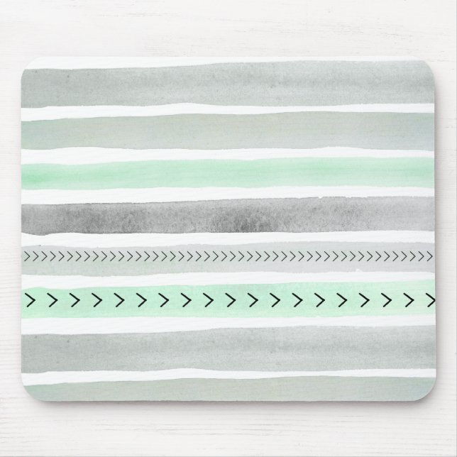 Hipster Mint Green Grey Watercolor Stripes Pattern Mouse Mat (Front)