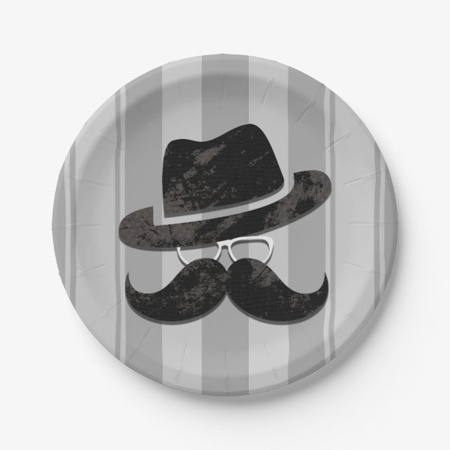 Hipster Mr. Moustache Hat Glasses Birthday Party Paper Plate (Front)