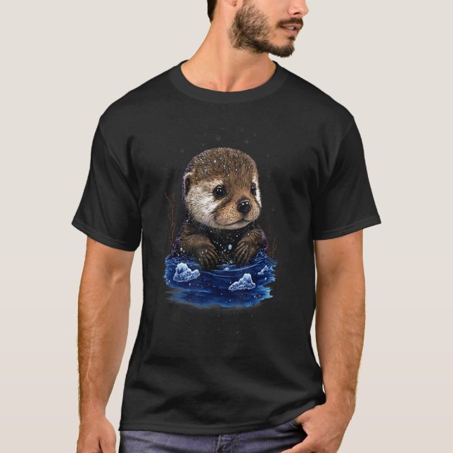 Hipster Otter River Loves To Slide In The Snow 1 T-Shirt (Front)