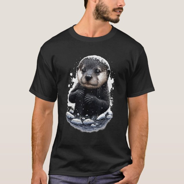 Hipster Otter River Loves To Slide In The Snow T-Shirt (Front)