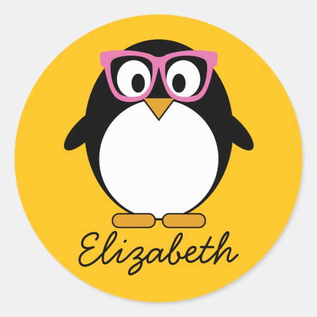 Hipster Penguin - Cute Cartoon Yellow Pink Classic Round Sticker (Front)