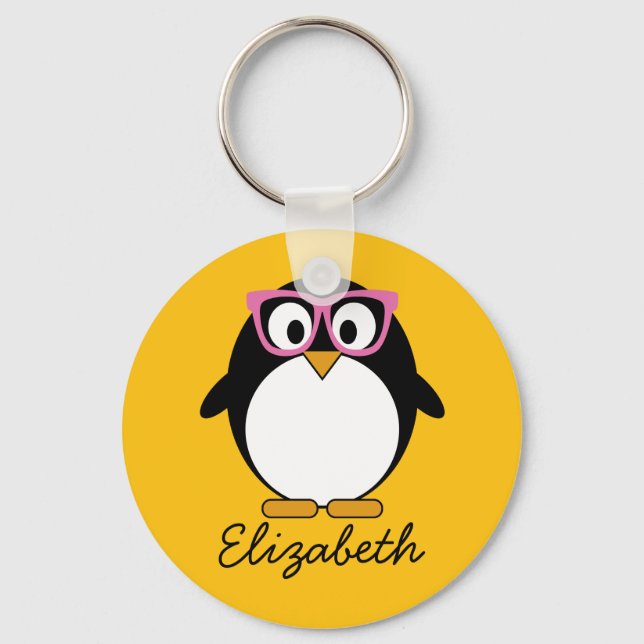 Hipster Penguin - Cute Cartoon Yellow Pink Key Ring (Front)