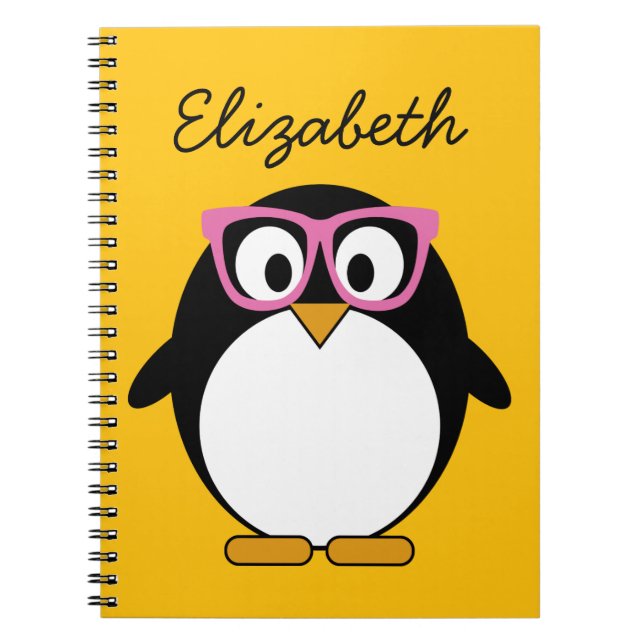 Hipster Penguin - Cute Cartoon Yellow Pink Notebook (Front)