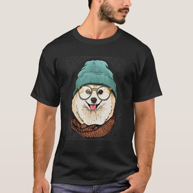 Hipster Pomeranian Animal Wearing Sunglasses Puppy T-Shirt (Front)