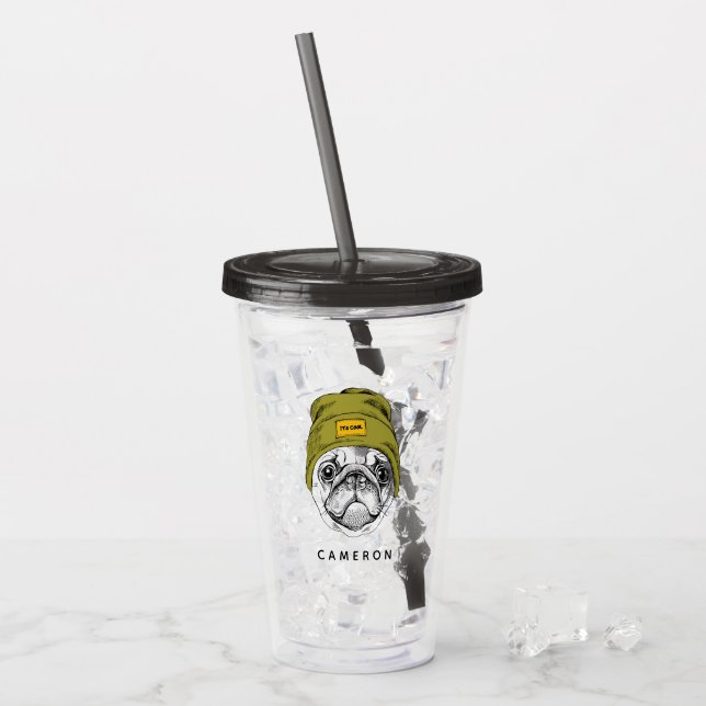 Hipster Pug | It's Cool | Add Your Name Acrylic Tumbler (Front Ice)