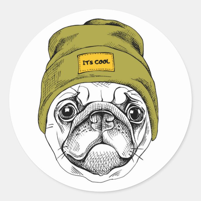 Hipster Pug | It's Cool Classic Round Sticker (Front)