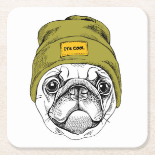 Hipster Pug   It's Cool Square Paper Coaster