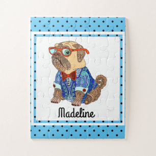Hipster Pug on Polka Dots, Personalised Kids Jigsaw Puzzle