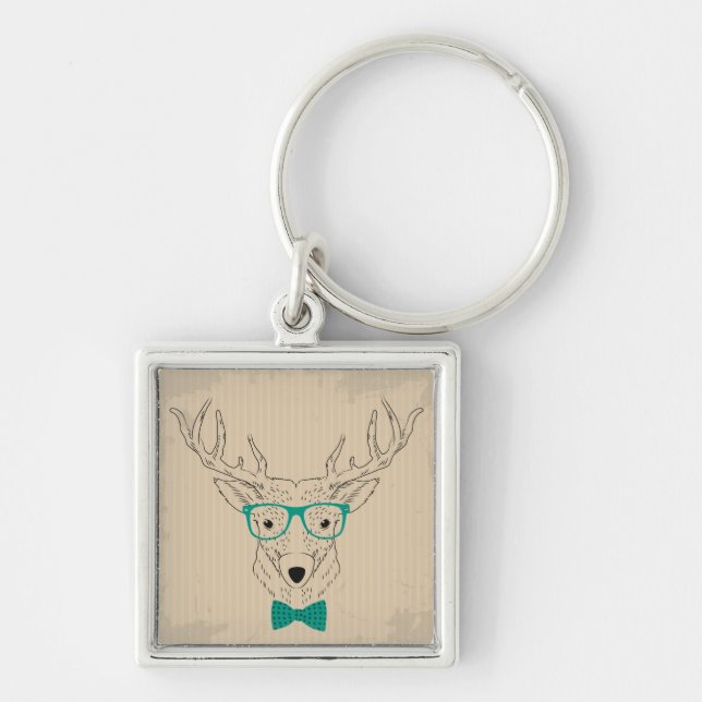 Hipster Reindeer Elk with glasses grungy Christmas Key Ring (Front)