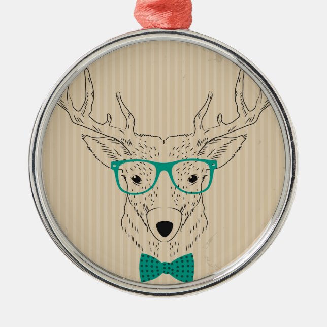 Hipster Reindeer Elk with glasses grungy Christmas Metal Tree Decoration (Front)