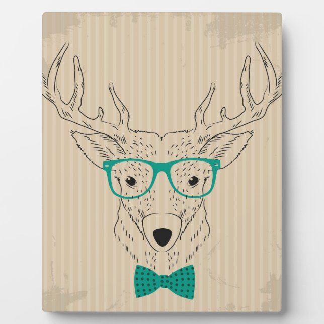 Hipster Reindeer Elk with glasses grungy Christmas Plaque (Front)