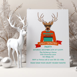 Hipster reindeer ugly christmas sweater party invi invitation