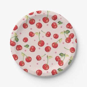 Hipster,retro,cherry,pattern,red,pink,pale,cute, Paper Plate
