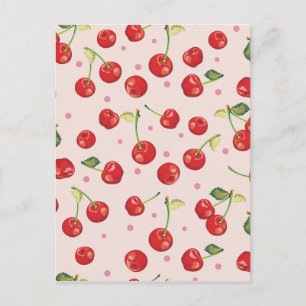 Hipster,retro,cherry,pattern,red,pink,pale,cute, Postcard