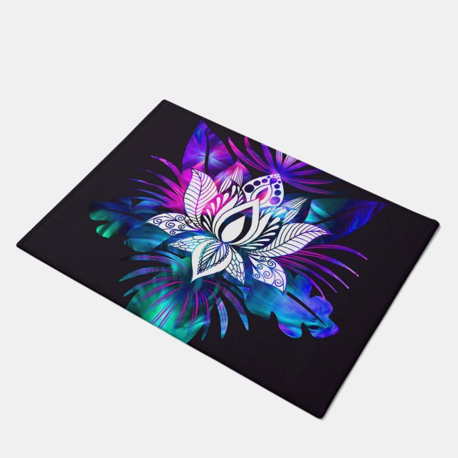 Hipster Retro Tech Teal Purple Lotus Flower Leaf Doormat (Angled)