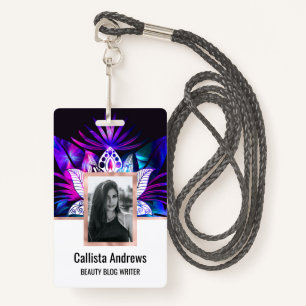 Hipster Retro Tech Teal Purple Lotus Flower Leaf ID Badge