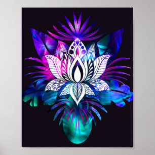 Hipster Retro Tech Teal Purple Lotus Flower Leaf Poster