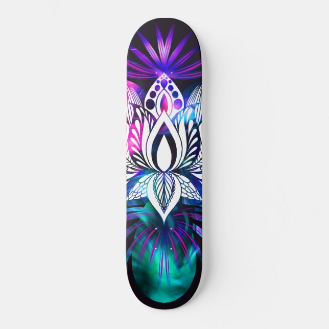 Hipster Retro Tech Teal Purple Lotus Flower Leaf Skateboard (Front)
