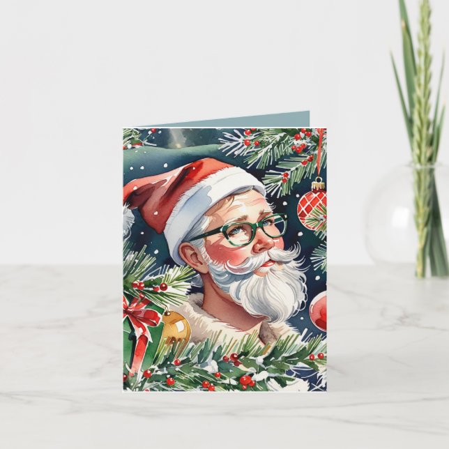Hipster Santa & Christmas Cocktail Recipe Holiday Card (Front)