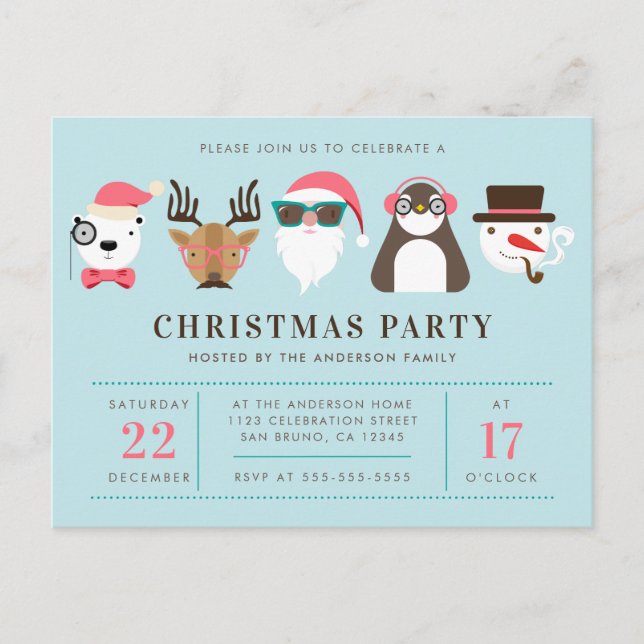 Hipster Santa & Friends Christmas Party Invitation Postcard (Front)