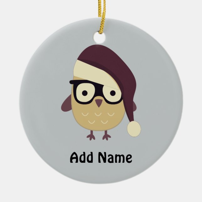 Hipster Santa Owl Ceramic Tree Decoration (Front)