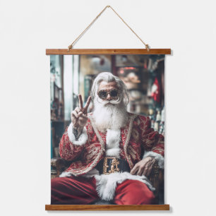 Hipster Santa Strikes a Pose Peace Holiday Vibes Hanging Tapestry