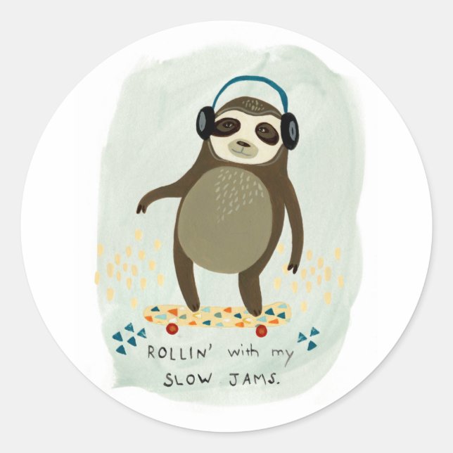 Hipster Sloth | Rollin' With My Slow Jams Classic Round Sticker (Front)