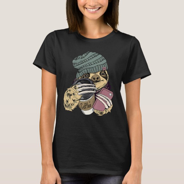 Hipster Sloth With Beanie Hat Coffee Phone T-Shirt (Front)