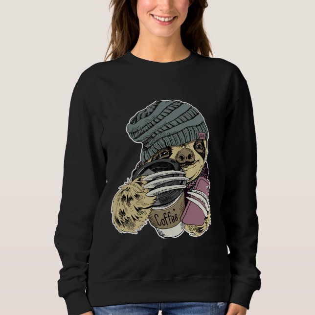 Hipster Sloth With Beanie Hat Coffee Sweatshirt (Front)