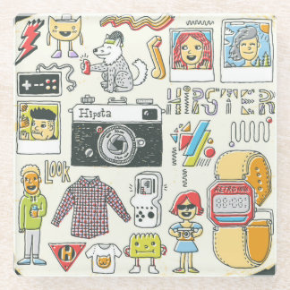 Hipster swag: hand-drawn doodle set glass coaster