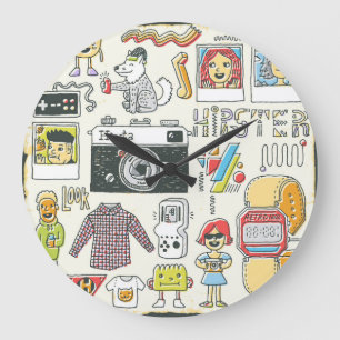 Hipster swag: hand-drawn doodle set large clock