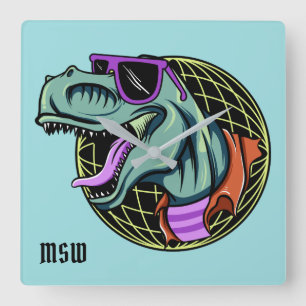 Hipster T-Rex custom monogram & colour wall clock