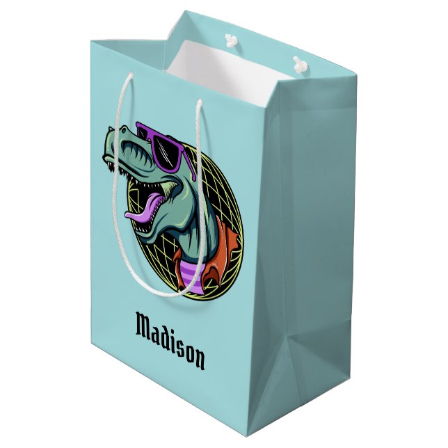 Hipster T-Rex custom name & colour gift bags (Back Angled)