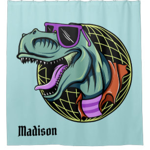 Hipster T-Rex custom name & colour shower curtain