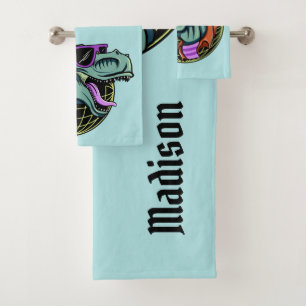 Hipster T-Rex custom name & colour towel set