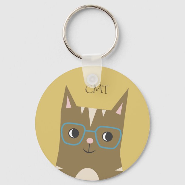 Hipster Tabby Cat with Glasses | Monogram Key Ring (Front)