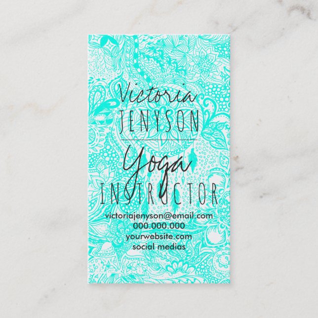 Hipster turquoise dreamcatcher floral doodles yoga business card (Front)