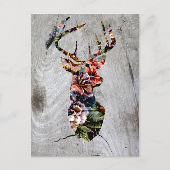 Hipster Vintage Floral Deer Head Silhouette Postcard (Front)