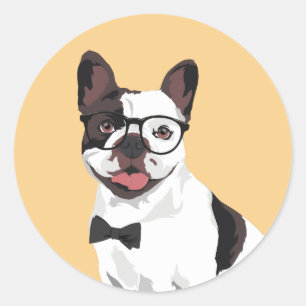 Hipster White and Brown French Bulldog Classic Round Sticker