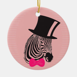 Hipster Zebra with top hat and Bow Tie Ceramic Tree Decoration