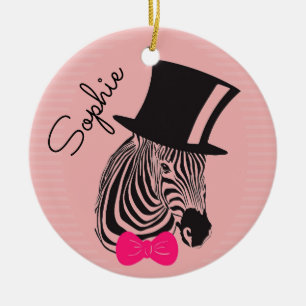 Hipster Zebra with top hat and Bow Tie name Ceramic Tree Decoration