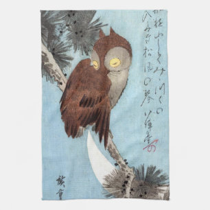 Hiroshige - Horned Owl, Pine, and Crescent Moon Tea Towel