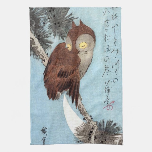 Hiroshige - Horned Owl, Pine, and Crescent Moon Tea Towel (Vertical)
