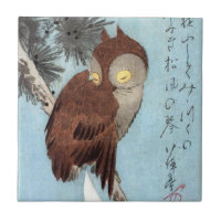 Hiroshige - Horned Owl, Pine, and Crescent Moon