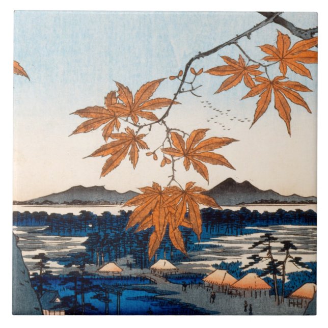 Hiroshige Maple Trees at Mama, Tekona Shrine Tile (Front)
