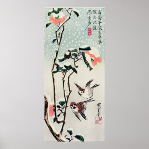 Hiroshige Sparrows and Camellias in the Snow Poster